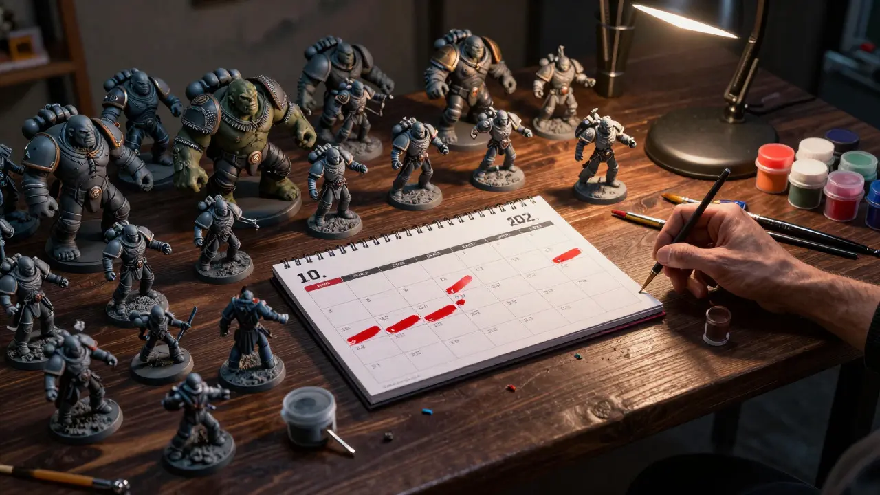Gaming table with miniatures and marked calendar