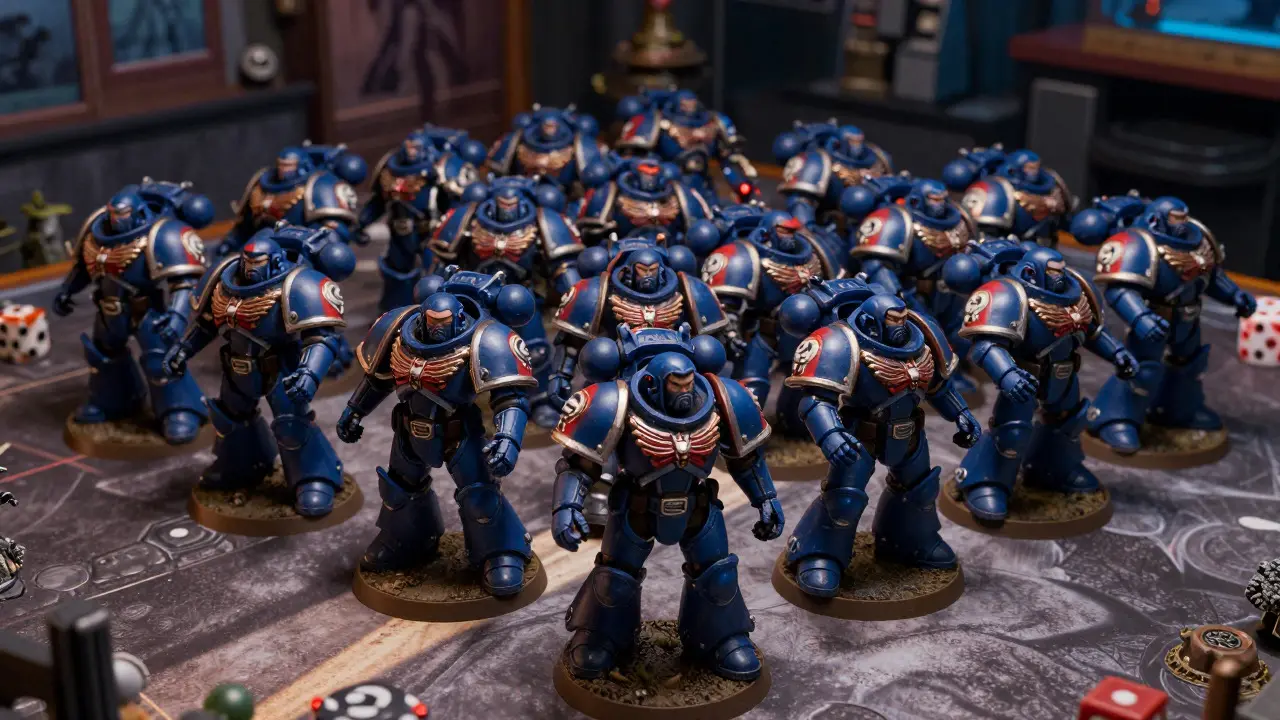 Готовая армия миниатюр Warhammer 40K в темно-синей и красной окраске стоит на игровом столе