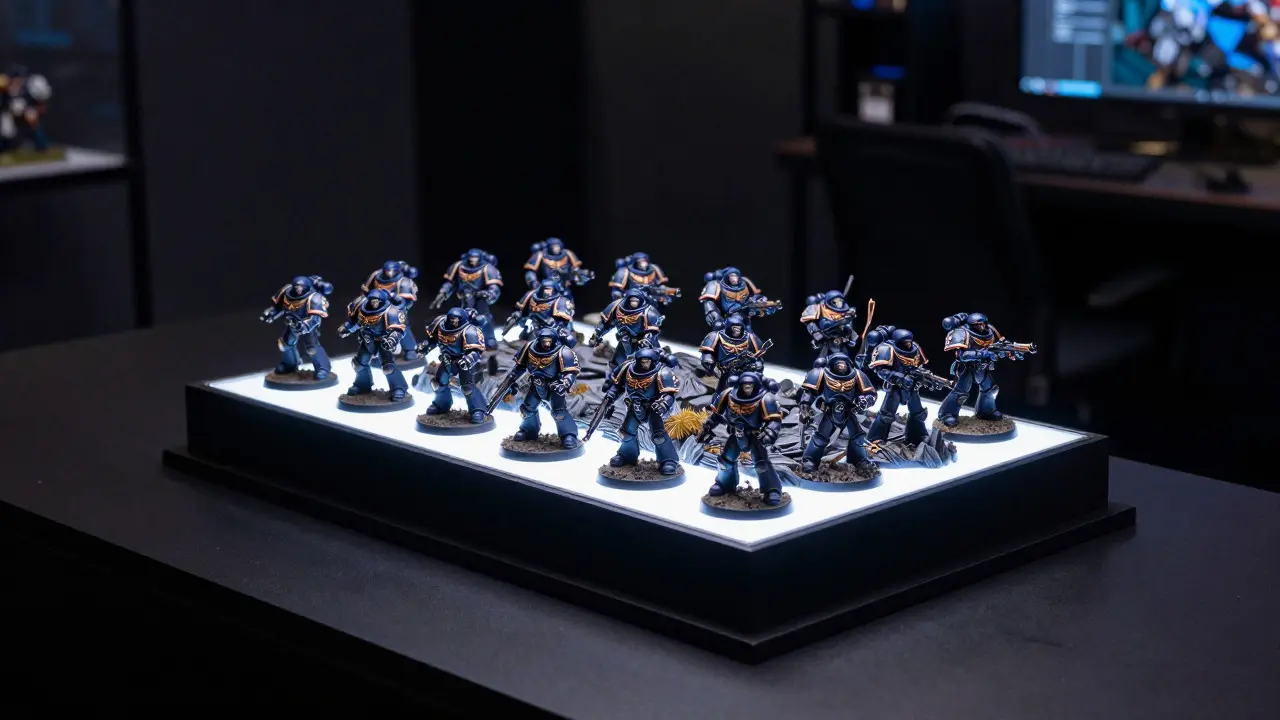 Готовая диорама Warhammer 40K на освещенной подставке в темноте