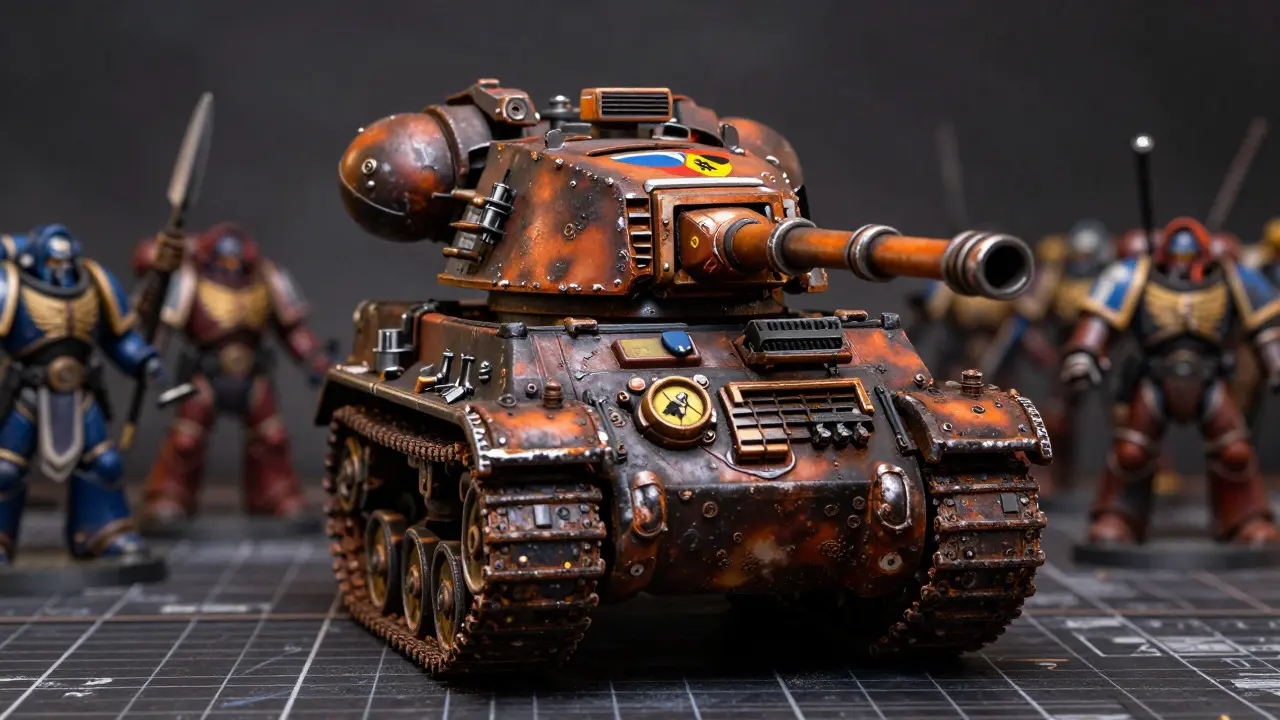 Готовая и затонированная модель танка Warhammer 40K с эффектами старения