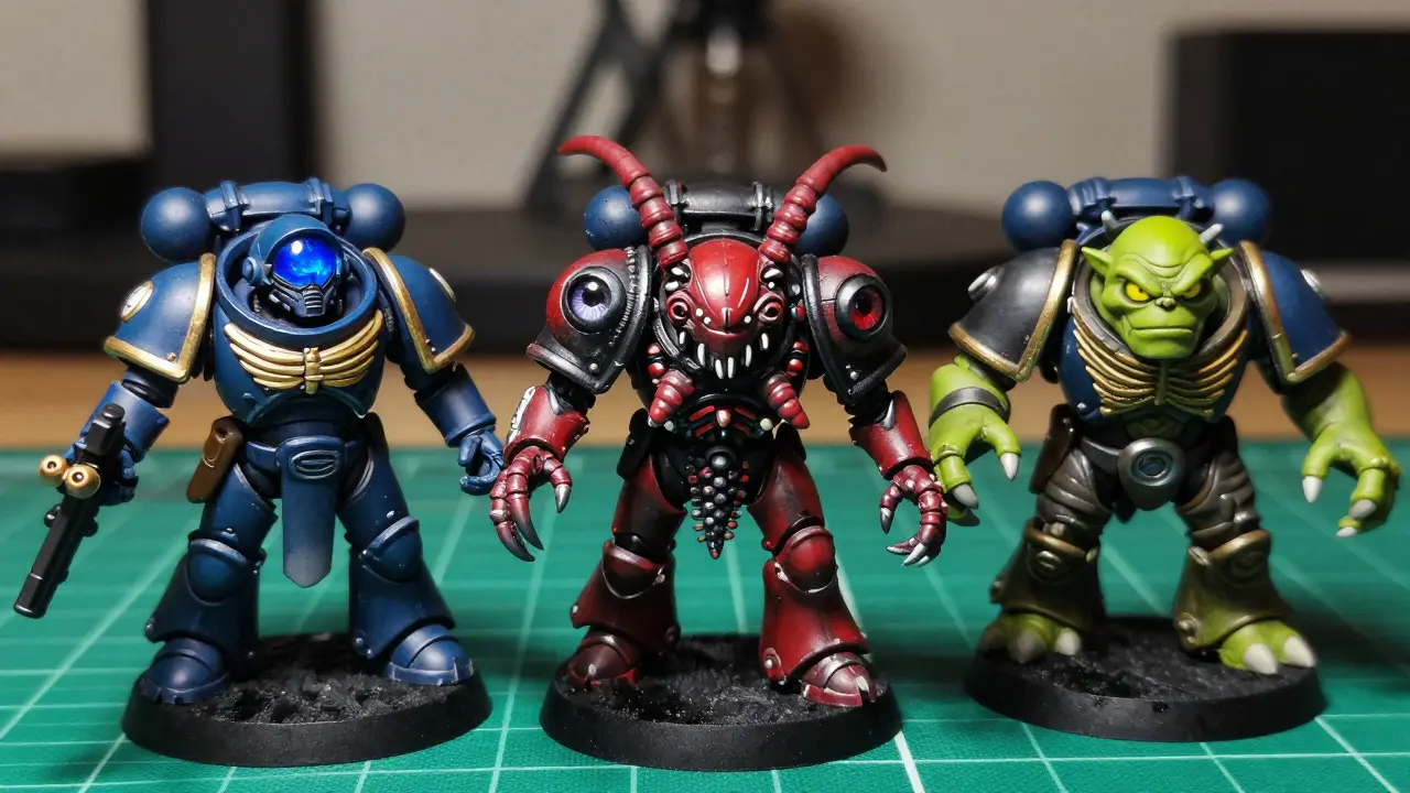 Готовые миниатюры Space Marine, Тиранида и Орка с ярко выраженными глазами и линзами