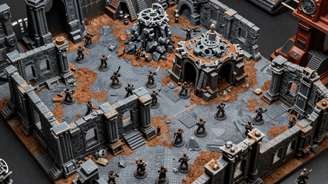 Готовый пластиковый террейн для Warhammer 40K с миниатюрами на игровом столе
