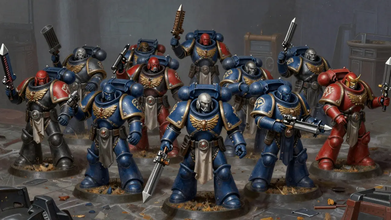 Группа кастомизированных миниатюр Warhammer 40K в боевом построении