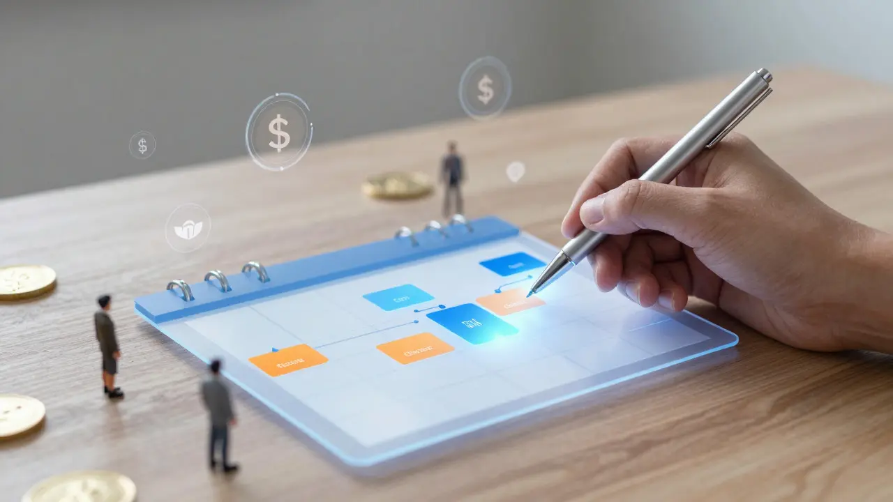 Hand holding pen over holographic planning calendar