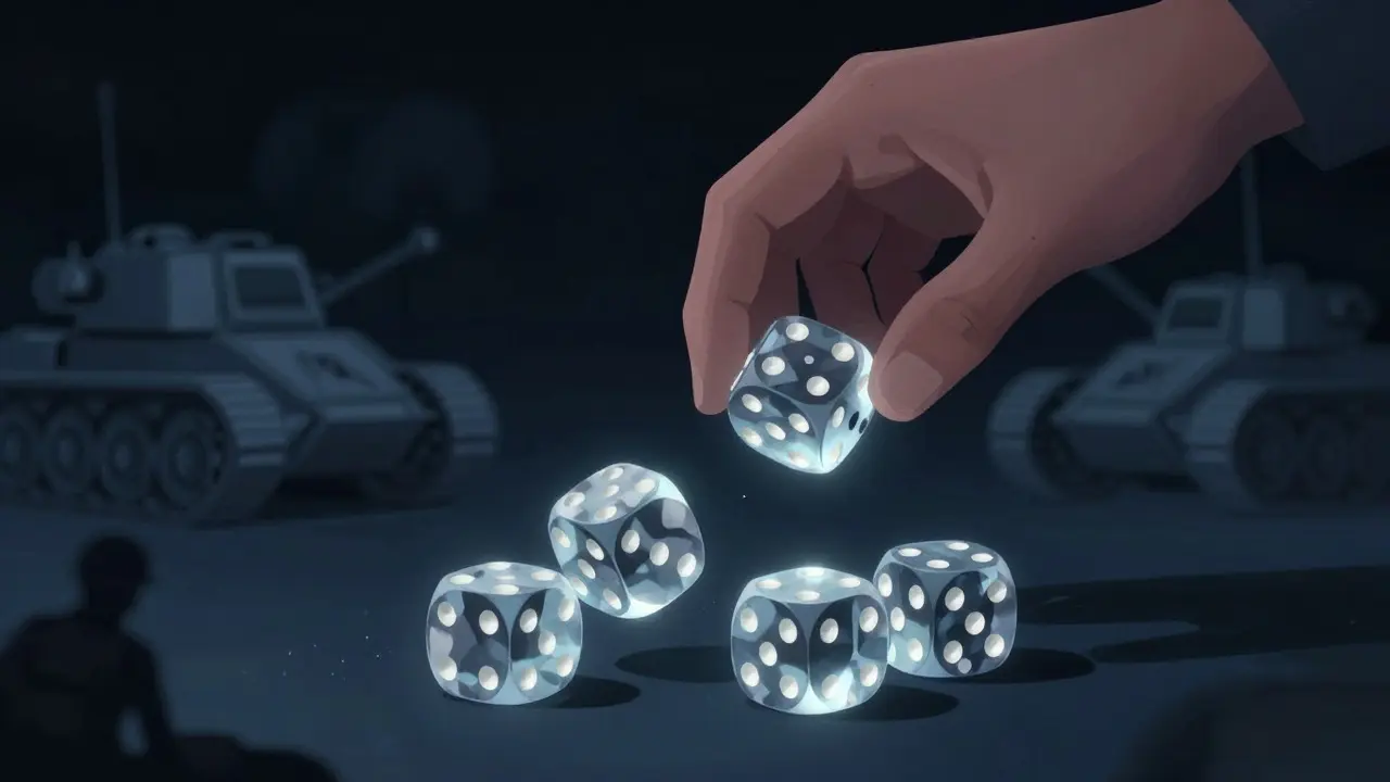 Hand hovering over glowing dice against a dark background with ghostly war figures