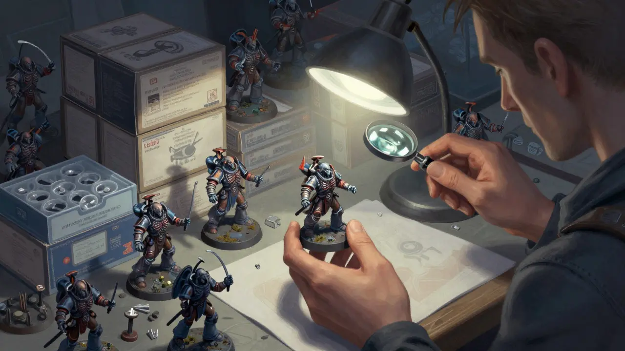 Hand inspecting a painted Necron miniature under a lamp