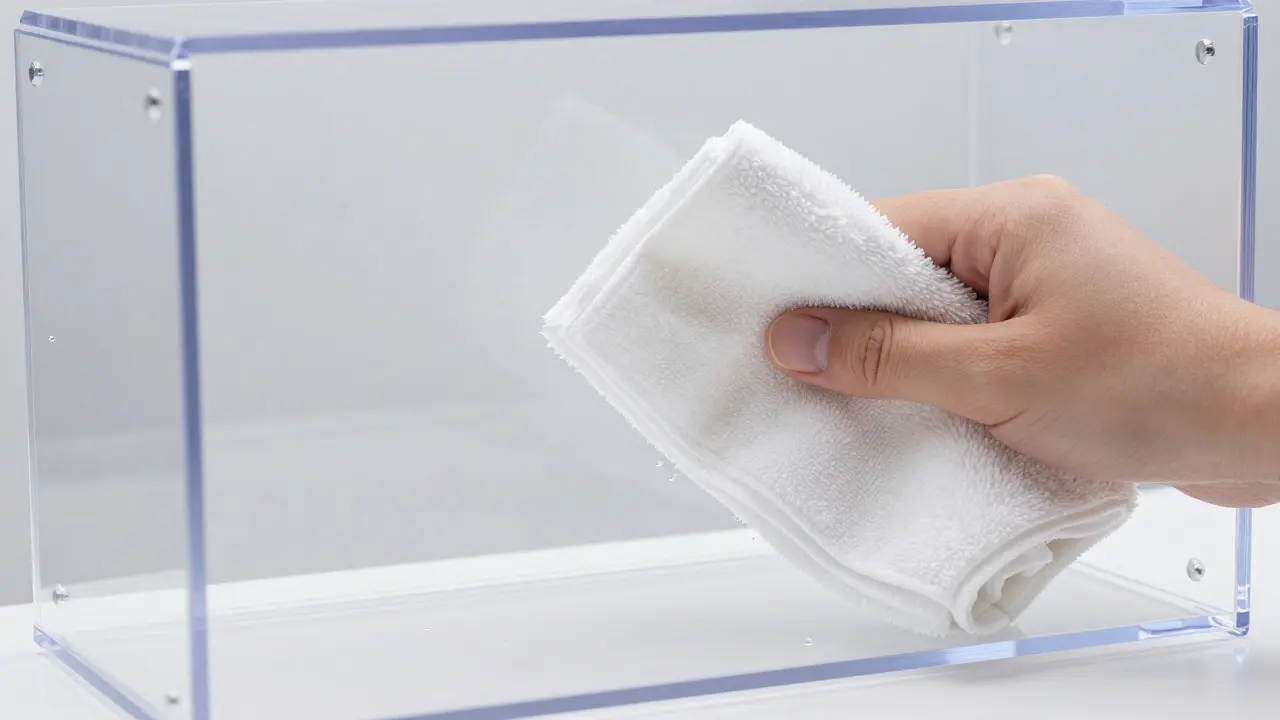 Hand using a microfiber cloth to wipe the inside of a clear plastic case