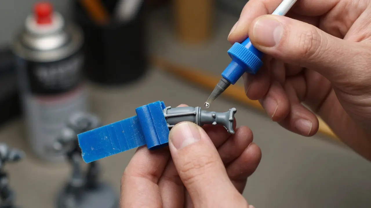 Hands applying clear gel glue to a plastic miniature part held by tape