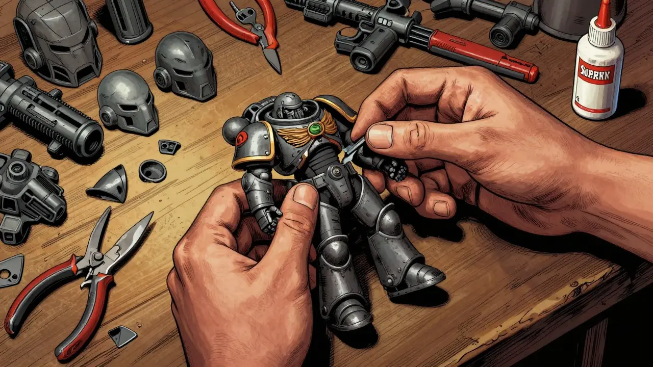 Hands assembling a custom miniaturе from various plastic parts using kitbashing techniques