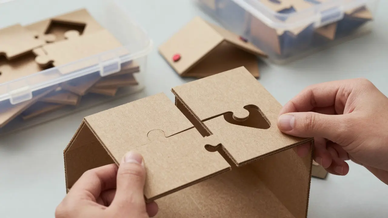 Hands assembling modular terrain pieces using interlocking tabs