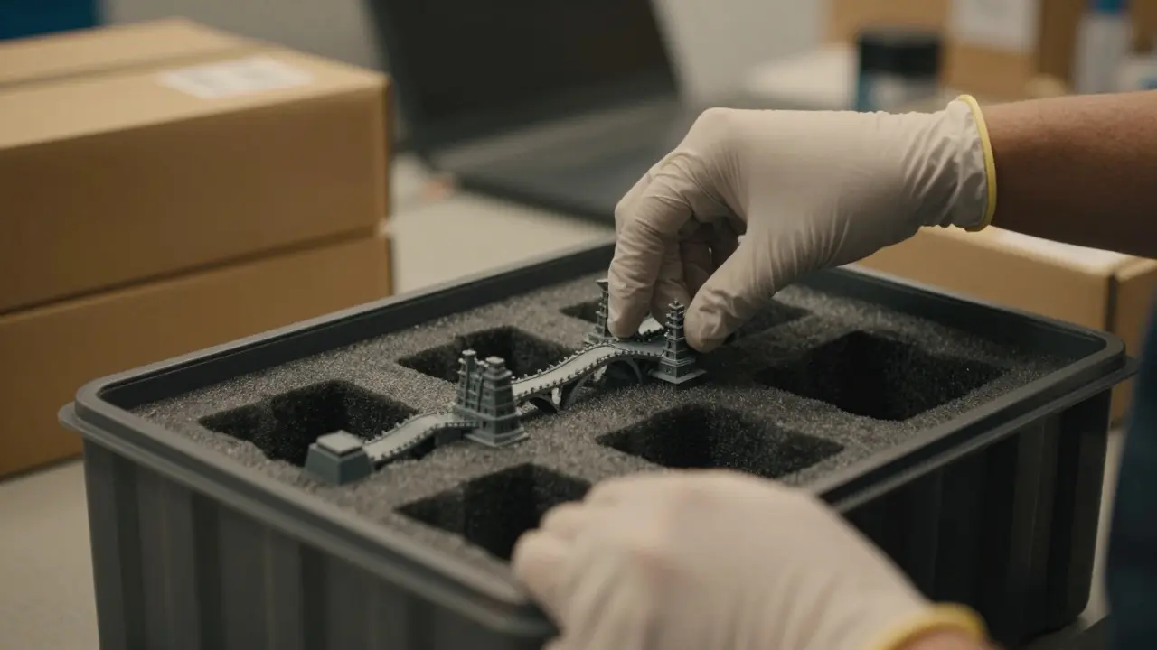 Hands carefully packing fragile game terrain into a protective box