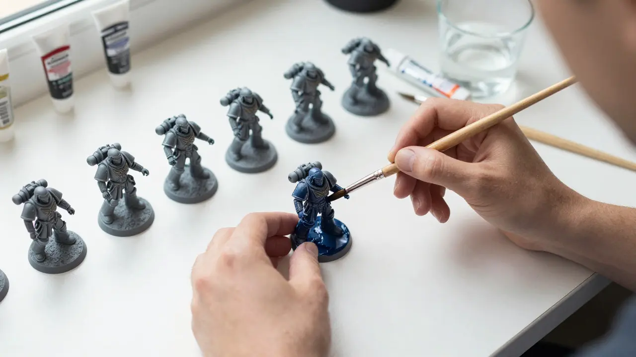 Hands painting a Warhammer miniature with basic acrylic paints and brushes
