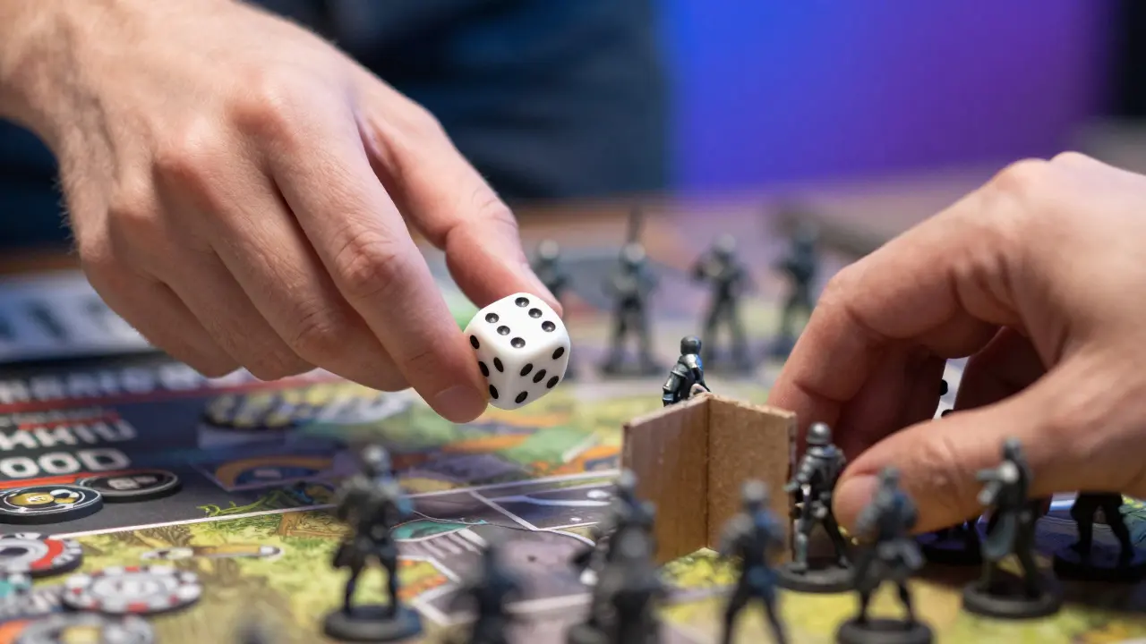 Hands rolling a die and positioning miniatures during a tactical tabletop game session