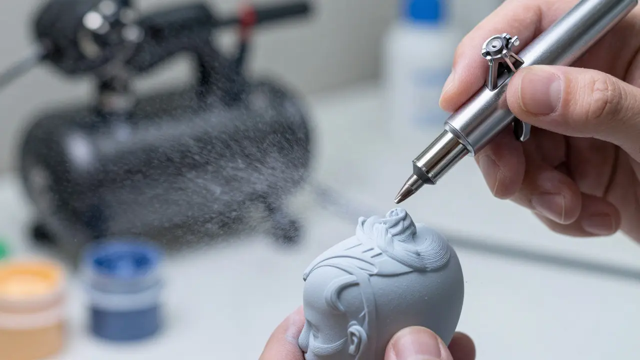 Hobbyist using an airbrush to apply light grey paint to a miniature model
