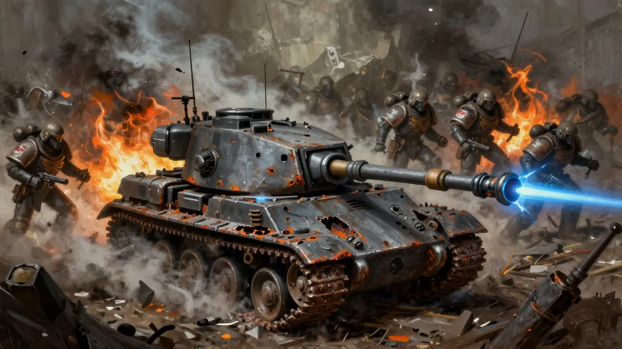 Художественная иллюстрация битвы в стиле Warhammer 40K с поврежденной техникой и пехотой под огнем плазмы