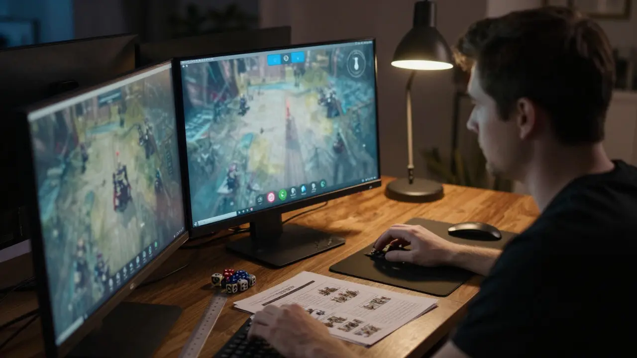 Игрок готовится к дистанционному турниру Warhammer 40K за столом