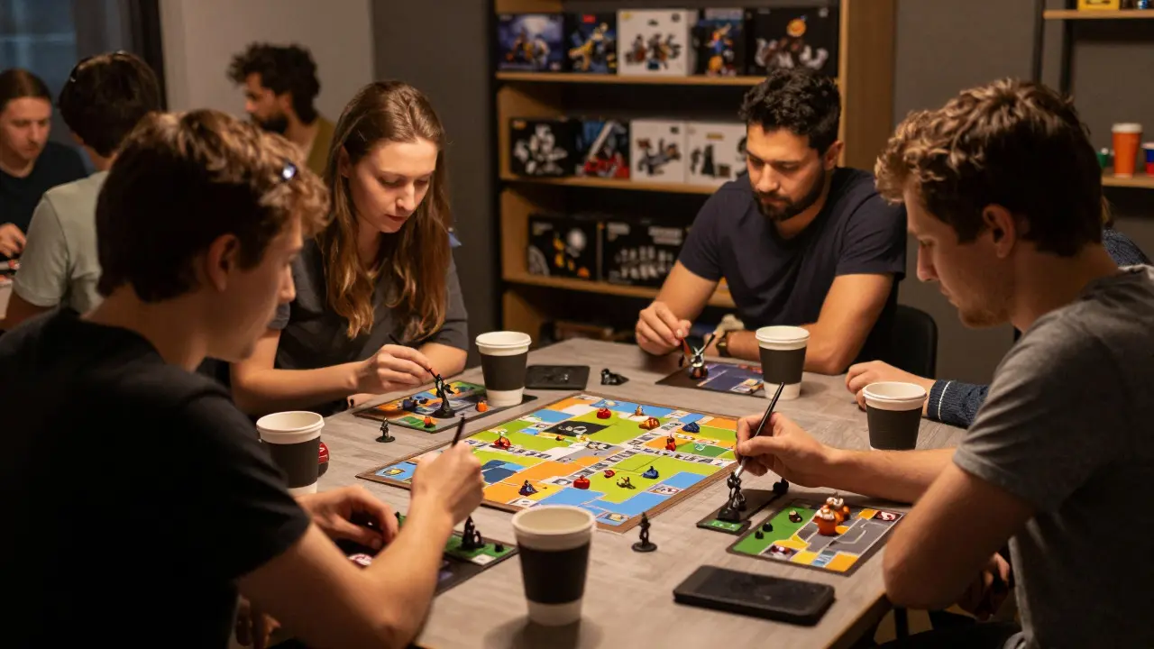 Игроки обсуждают стратегию и красят модели в клубе настольных игр