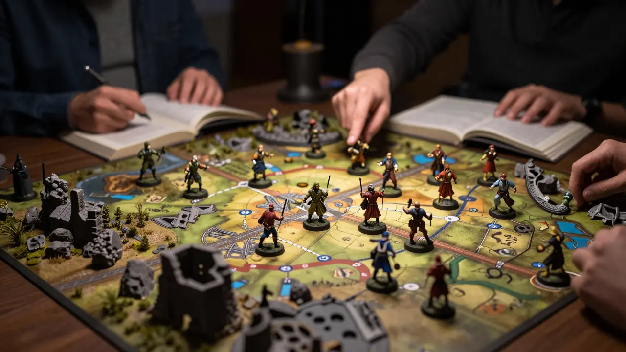 Игровая сцена Warhammer 40K с миниатюрами и игроками, обсуждающими правила