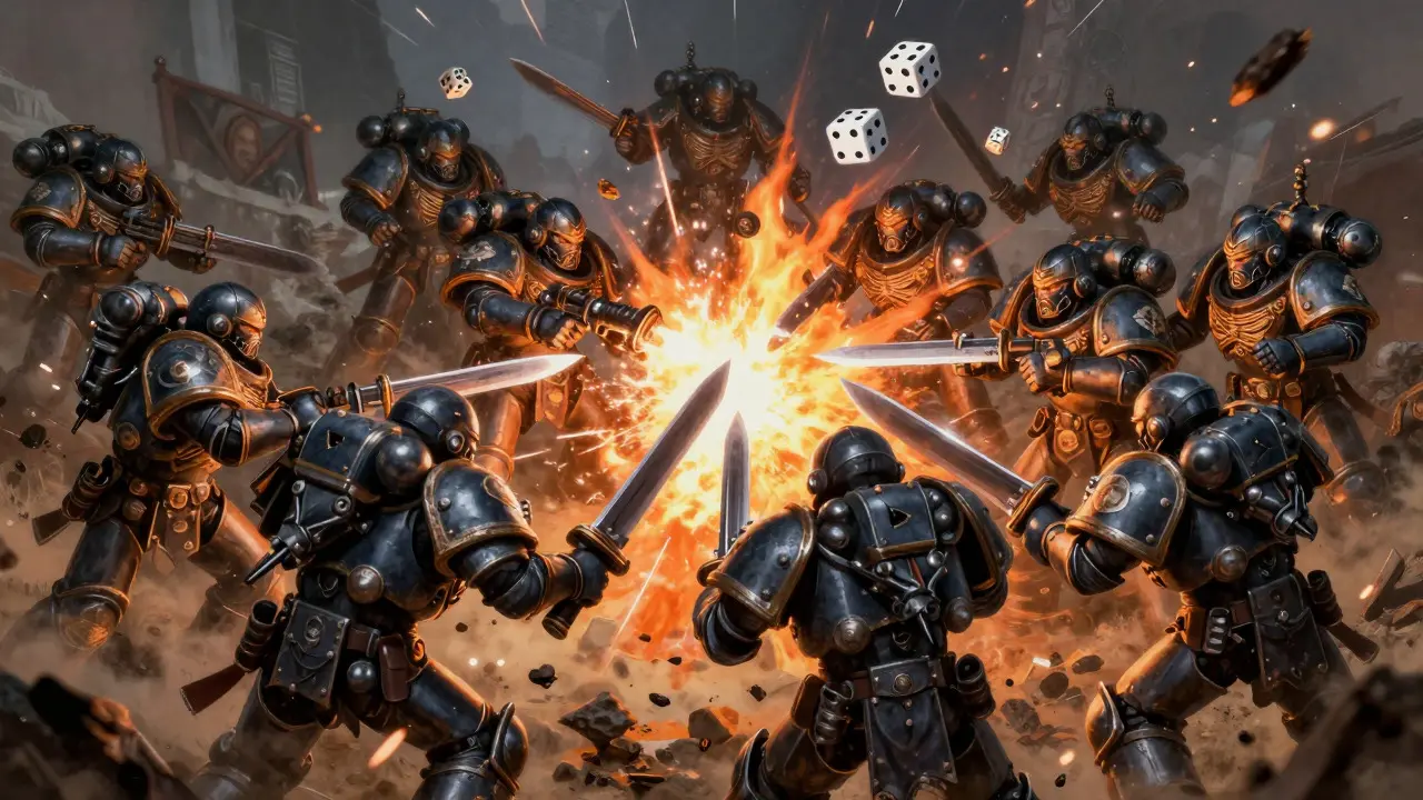 Иллюстрация ближнего боя между отрядами миниатюр в Warhammer 40K