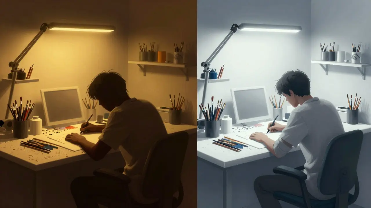 Illustration comparing a messy dim desk with a bright organized workspace