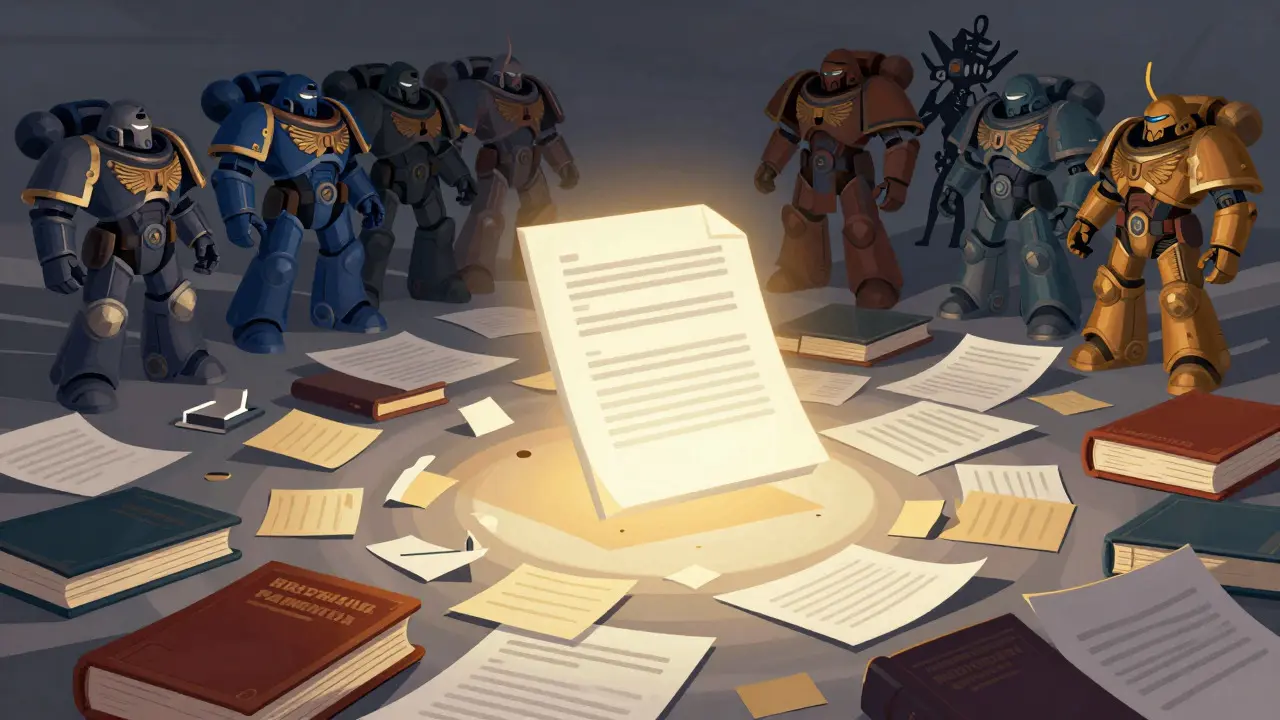 Illustration of an organized document bringing order to scattered rulebooks