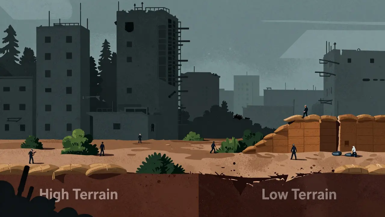 Illustration showing high and low terrain types in a fantasy war zone
