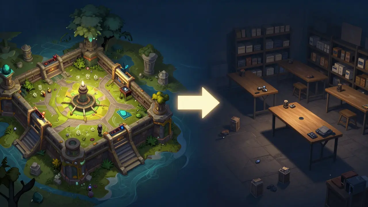 Illustration showing terrain moving from a warehouse to an active gaming table