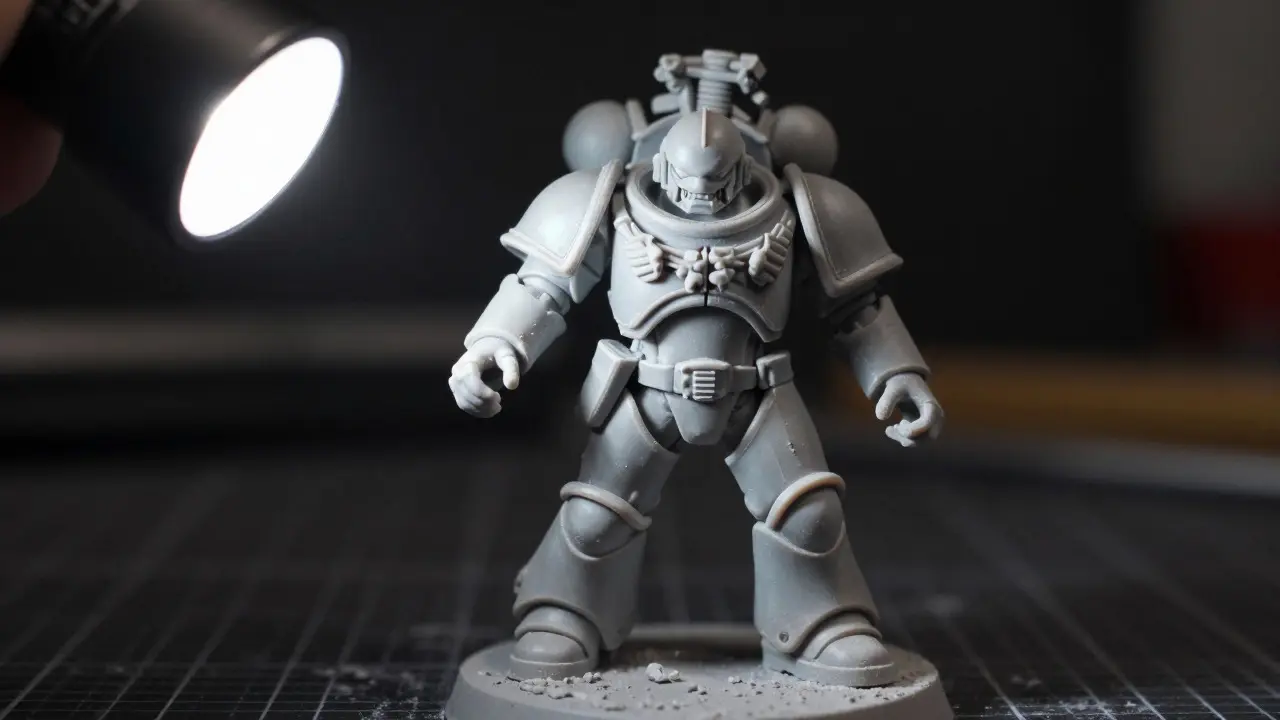 Inspecting a primed miniature with a flashlight to check for smooth surfaces
