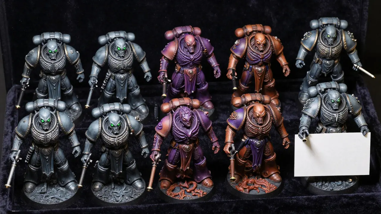 Коллекция миниатюр Warhammer 40K демонстрирует различные техники аэрографии для фракций Некронов и Тиранидов