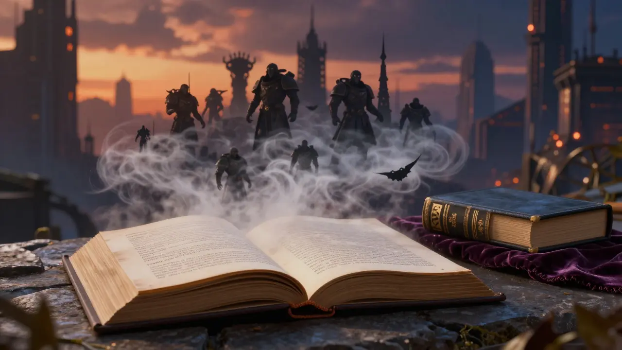 Концептуальное изображение книги, превращающейся в образы фракций на фоне мрачного города