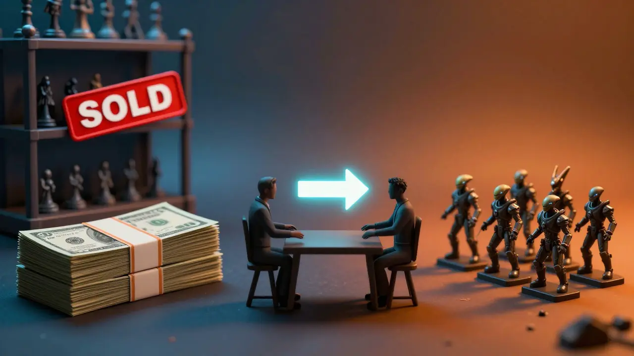Концептуальное изображение выбора между продажей за деньги и обменом фигурок