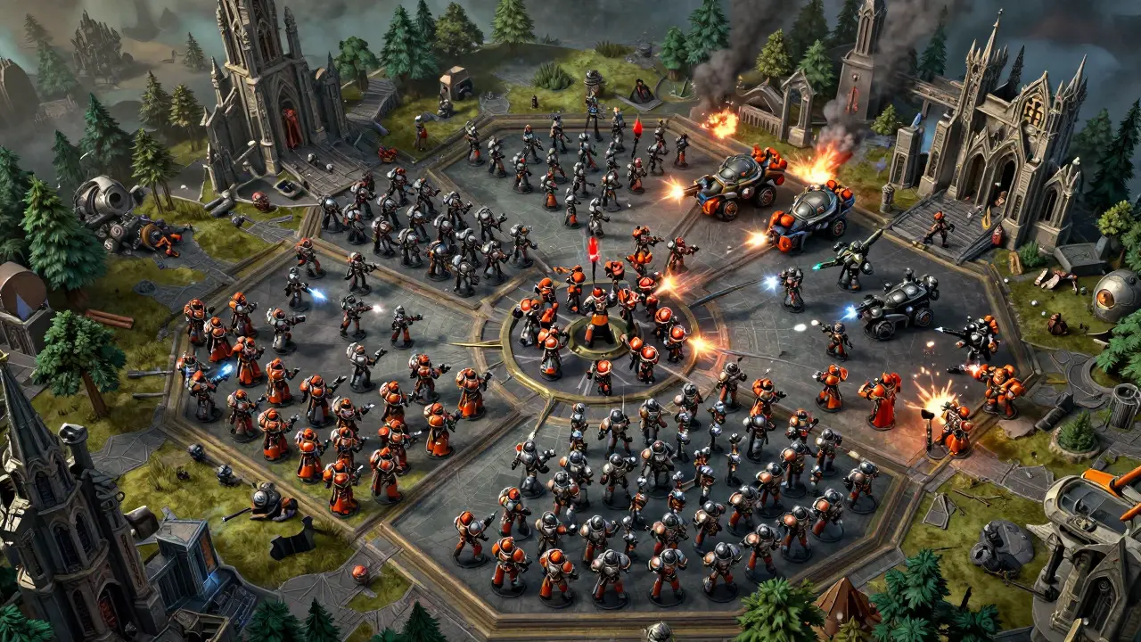 Масштабная битва Warhammer 40K с разнообразными юнитами и техникой на большом поле боя