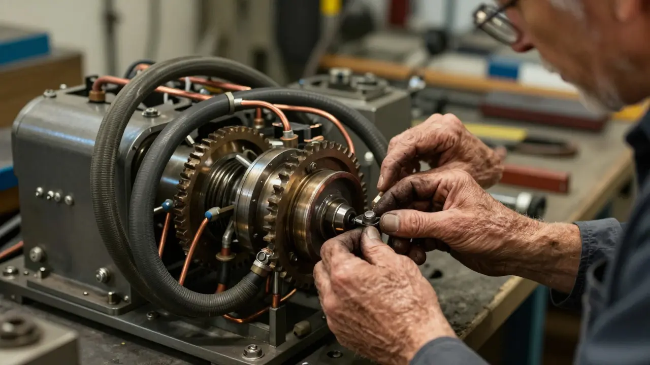 Master engineer teaching an apprentice to repair a complex mechanical generator