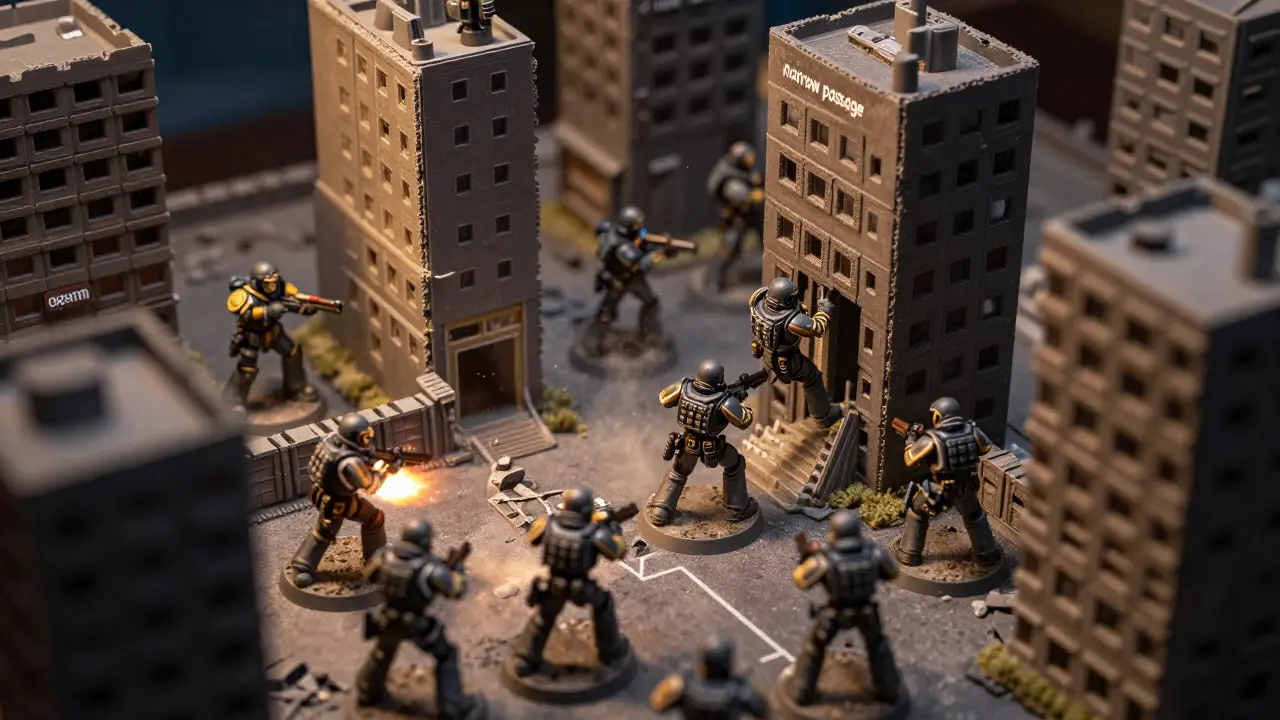 Miniatures maneuvering through narrow gaps and cover on a gaming table