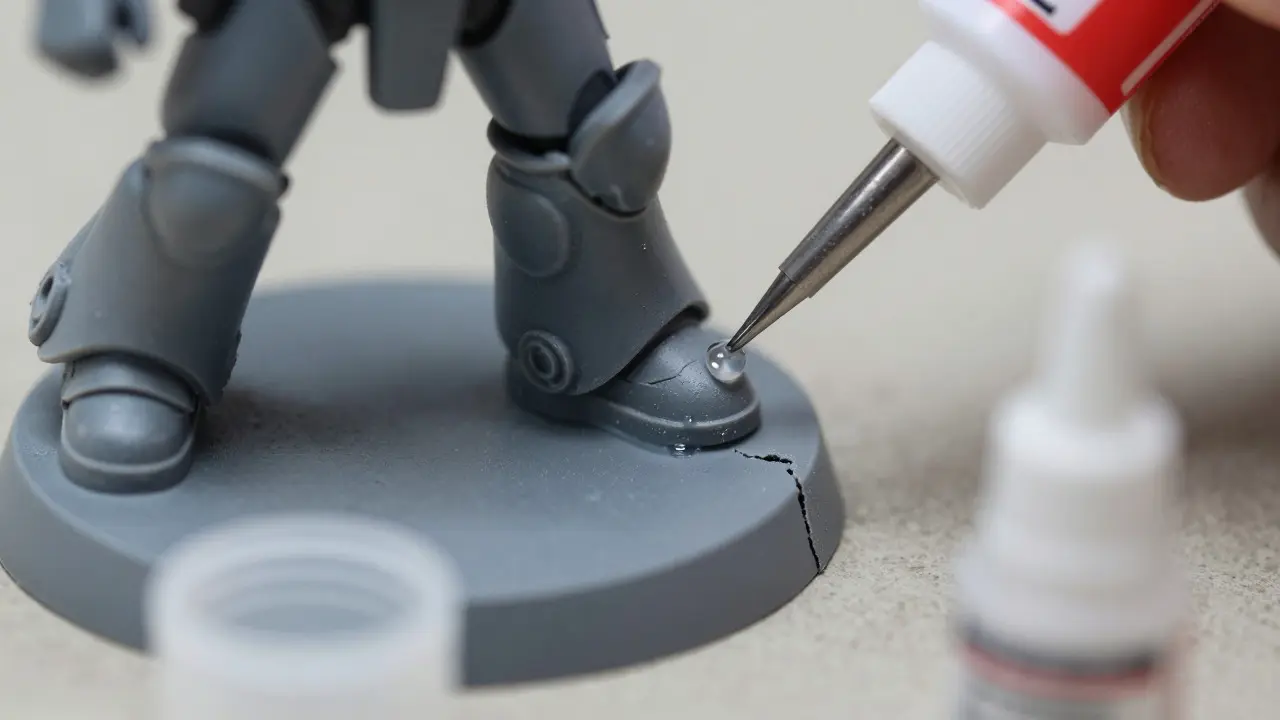 Нанесение жидкого модельного клея на стык деталей фигурки Warhammer 40K