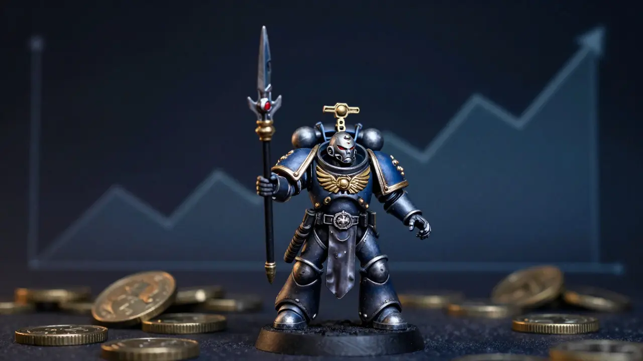 Написанная миниатюра Space Marine на фоне абстрактных символов рынка и роста стоимости