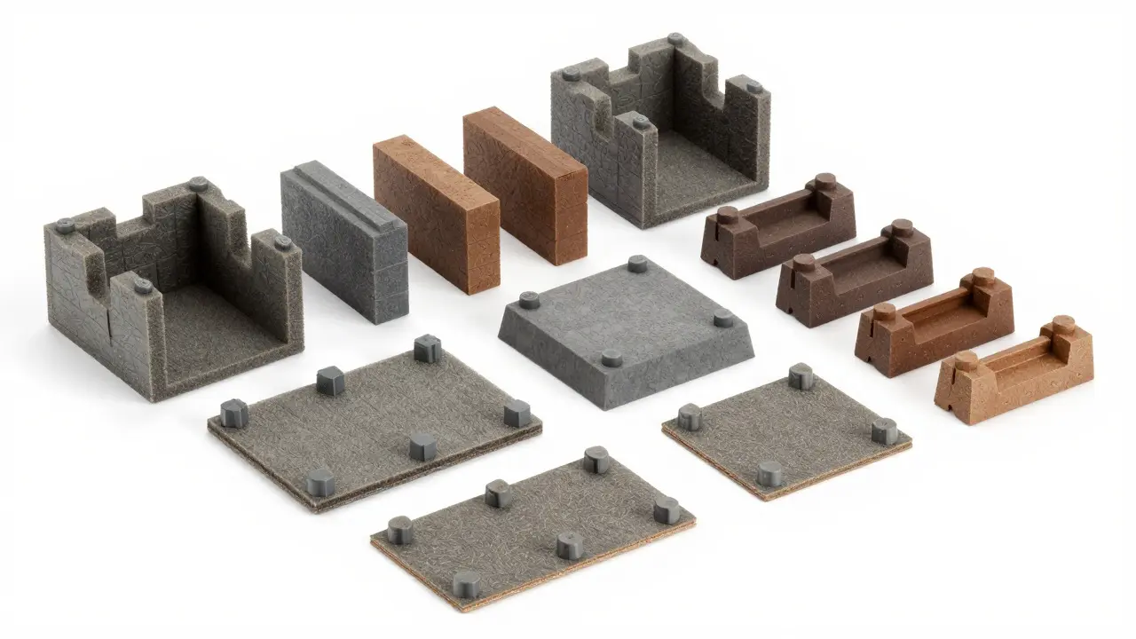 Neatly arranged modular foam board terrain blocks ready for storage