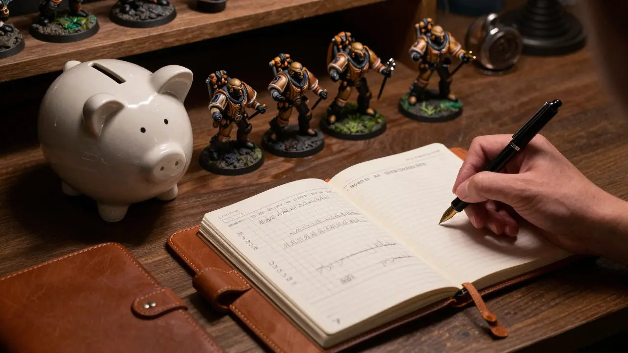 Notebook, piggy bank, and painted miniatures on a table