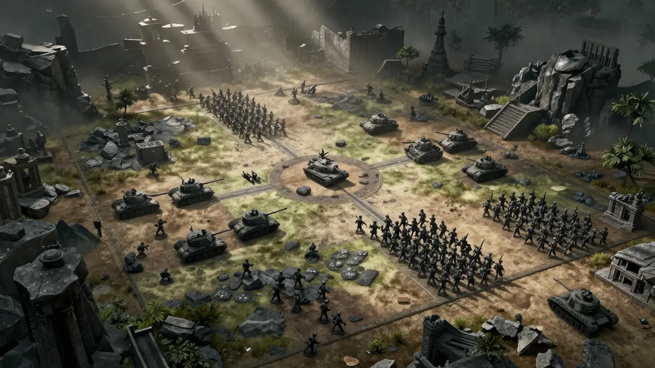 Общий вид игрового поля Warhammer 40K с расставленными армиями перед началом боя