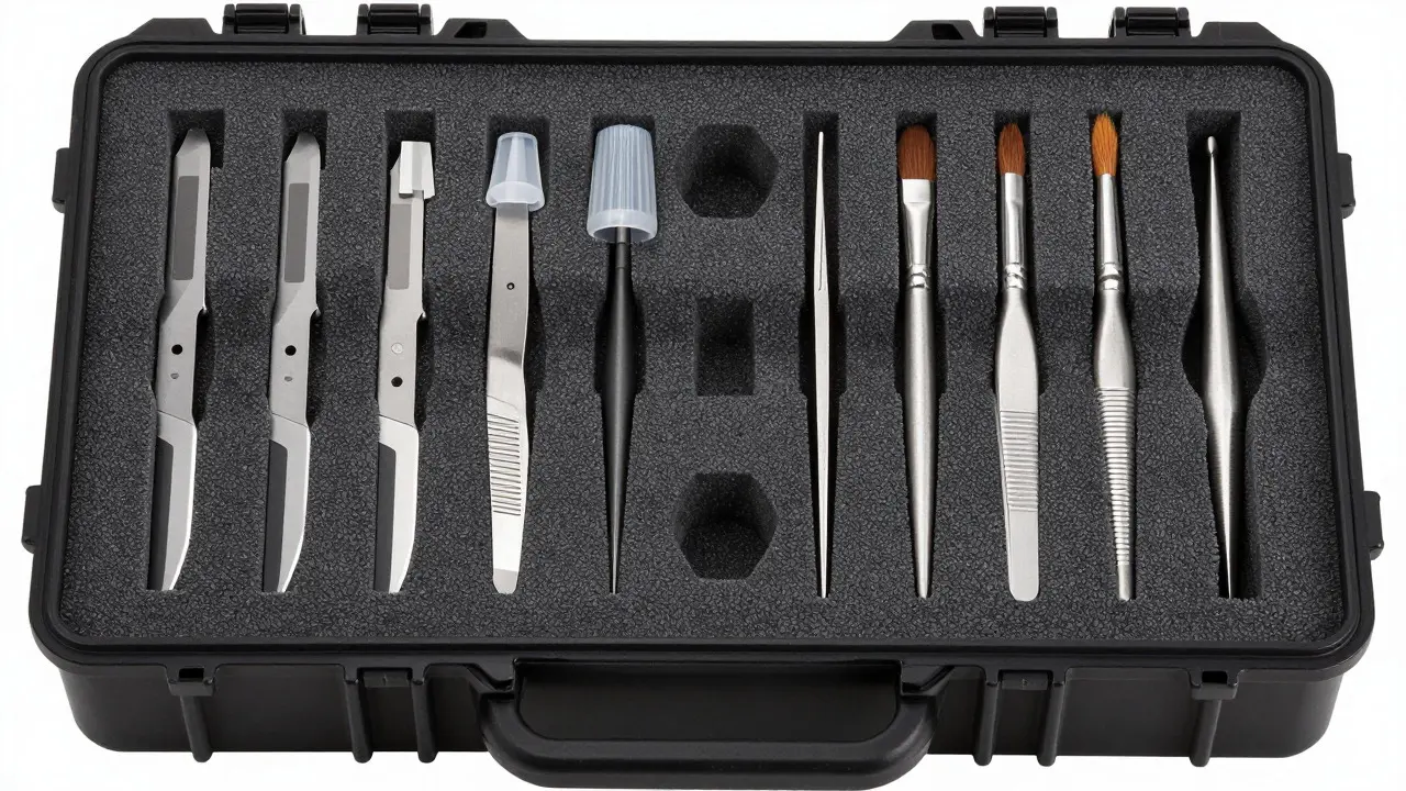 Open hard case with foam holding organized Warhammer modeling tools