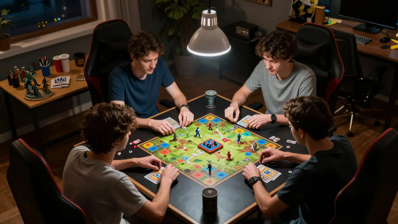 Organized gaming corner with players around a well-lit table, featuring separate space for painting supplies