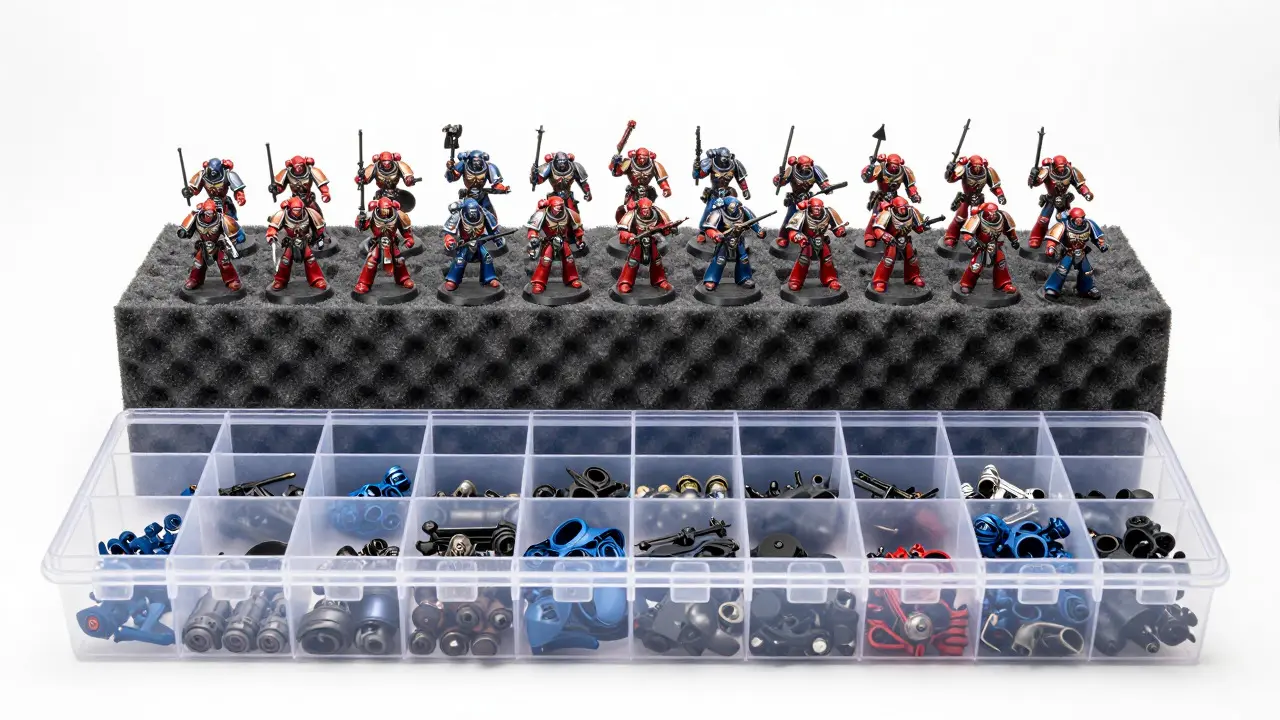 Organized storage system with clear bins for parts and foam blocks for painted models