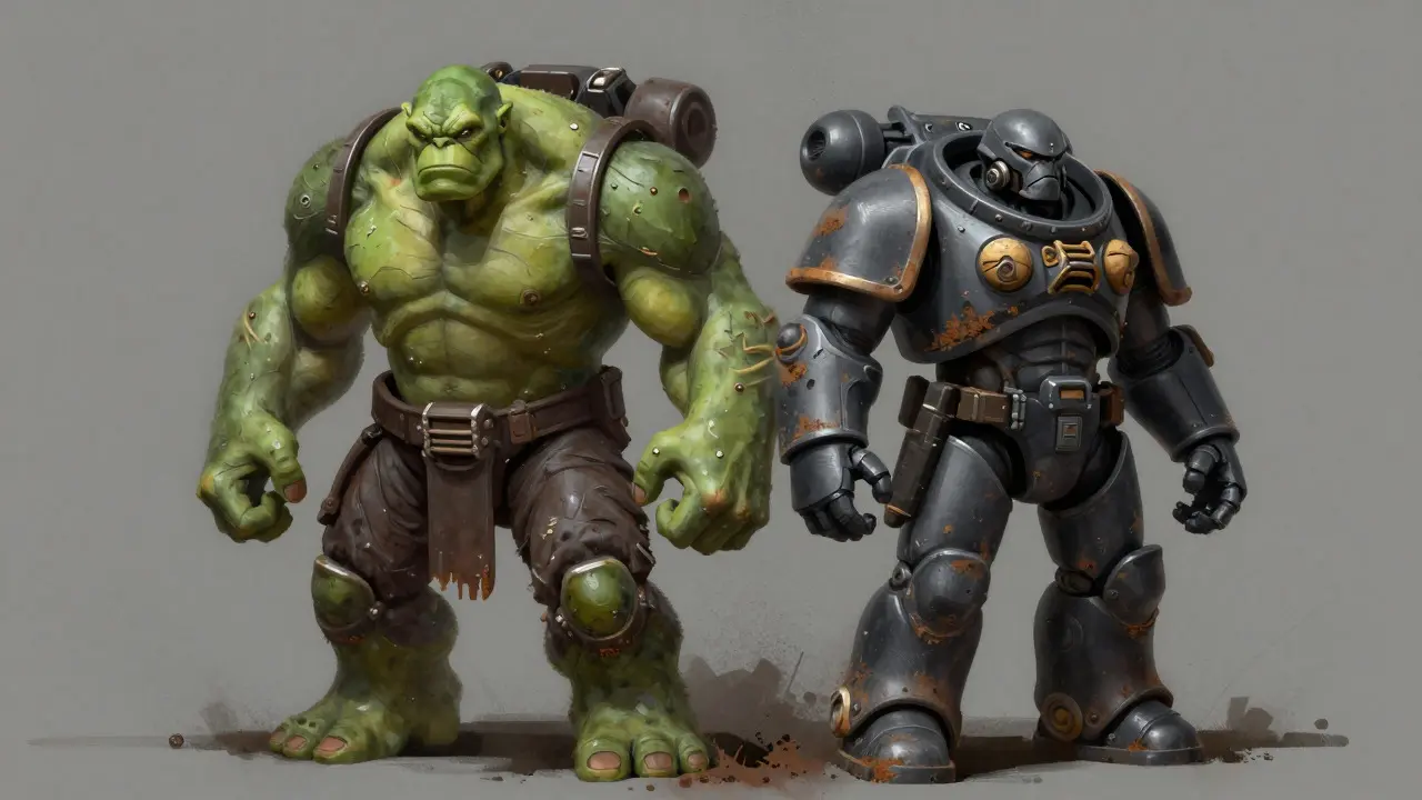 Ork and Tau miniatures unified by shared weathering and grime textures