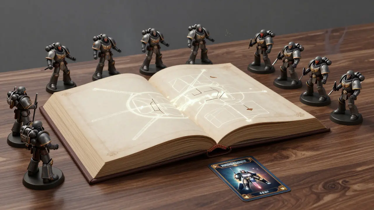 Открытая книга правил и миниатюры демонстрируют стратегическое планирование