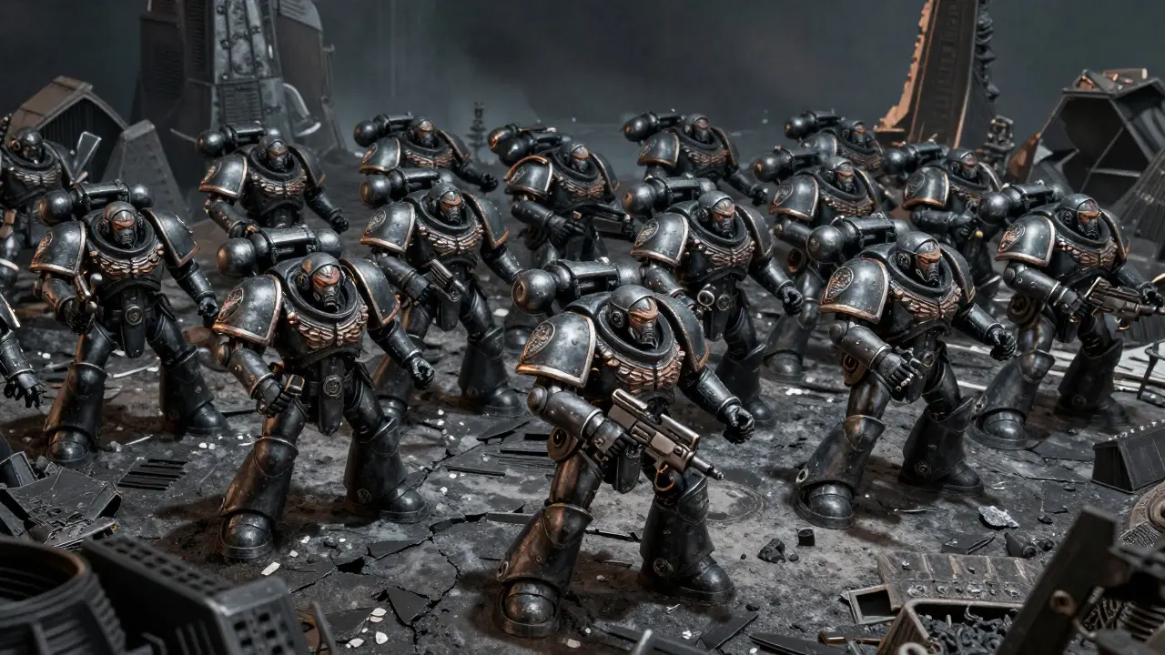 Отряд Терминаторов Seraphim в плотном строю на поле боя Warhammer 40k