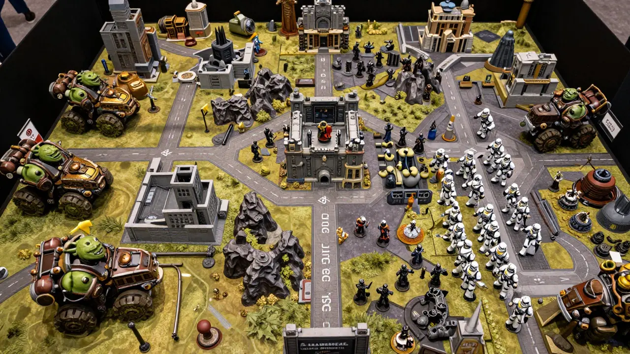 Overhead view of a Warhammer 40K tournament table with Orks and Imperial Guard armies