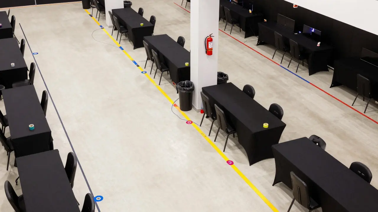 Overhead view of taped cables and wide safe aisles at a tournament venue