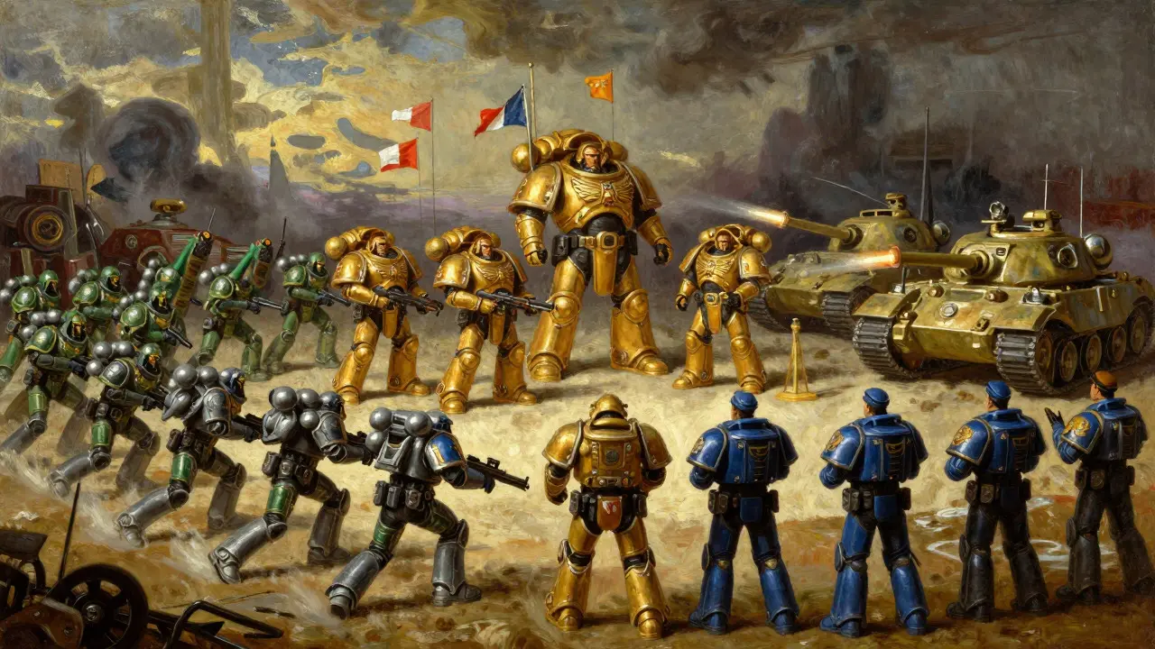 Painted illustration of a mixed army with scouts, defenders, and commanders in formation