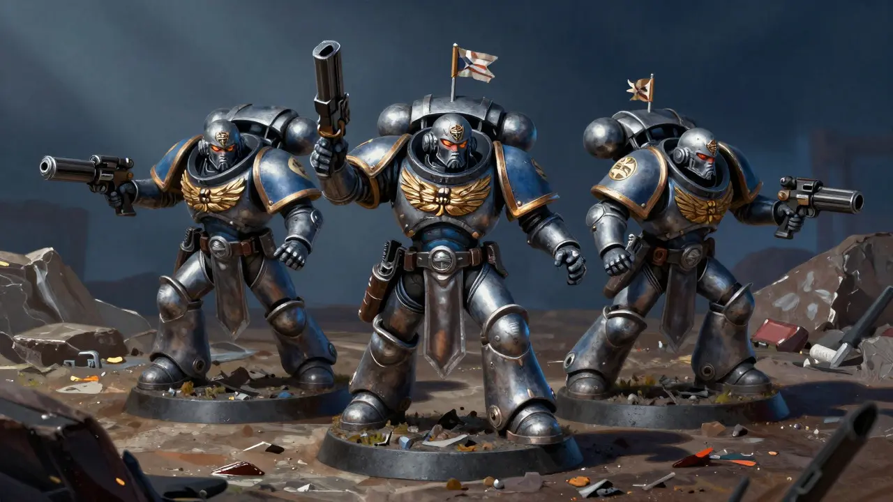 Painted Warhammer 40K miniatures standing firmly on a rocky surface