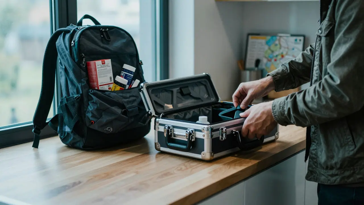 Person closing a durable aluminum tool case next to a packed backpack